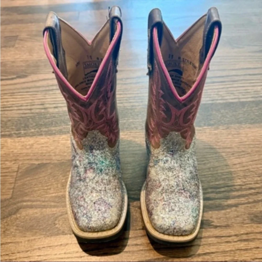 Girls Glitter Square-Toe Cowboy Boots in Pink and Brown